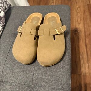 Tan Suede Slip-On Mules with Buckle